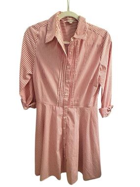 Cremieux Cotton Red White Stripe Shirt Dress Fit & Flare Button Front Size 8 EUC